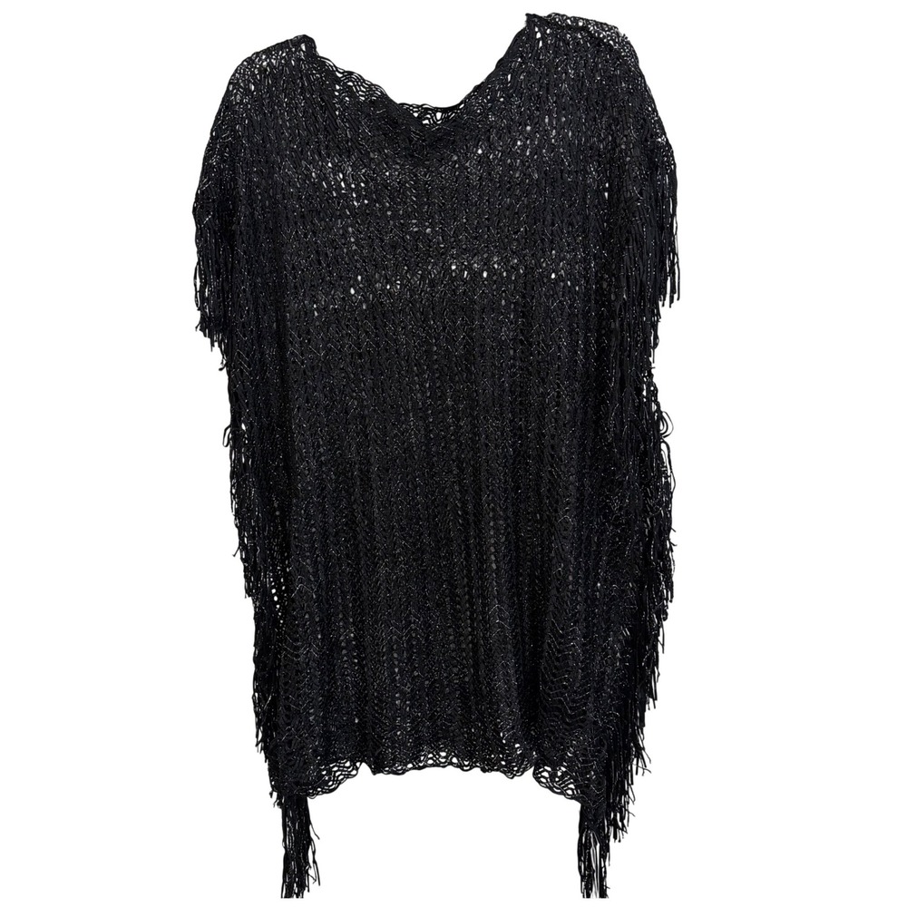 Kendall & James Women Metallic Black Fringe Swim Cover Up Poncho Beach‎ Pool NWT